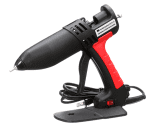 The 3M™ Hot Melt Applicator (1 Per/Case) is a black and red electric hot glue gun with a stand and attached power cord, displayed on a white background.