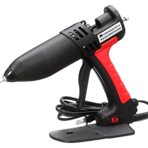 The 3M™ Hot Melt Applicator (1 Per/Case) is a black and red electric hot glue gun with a stand and attached power cord, displayed on a white background.