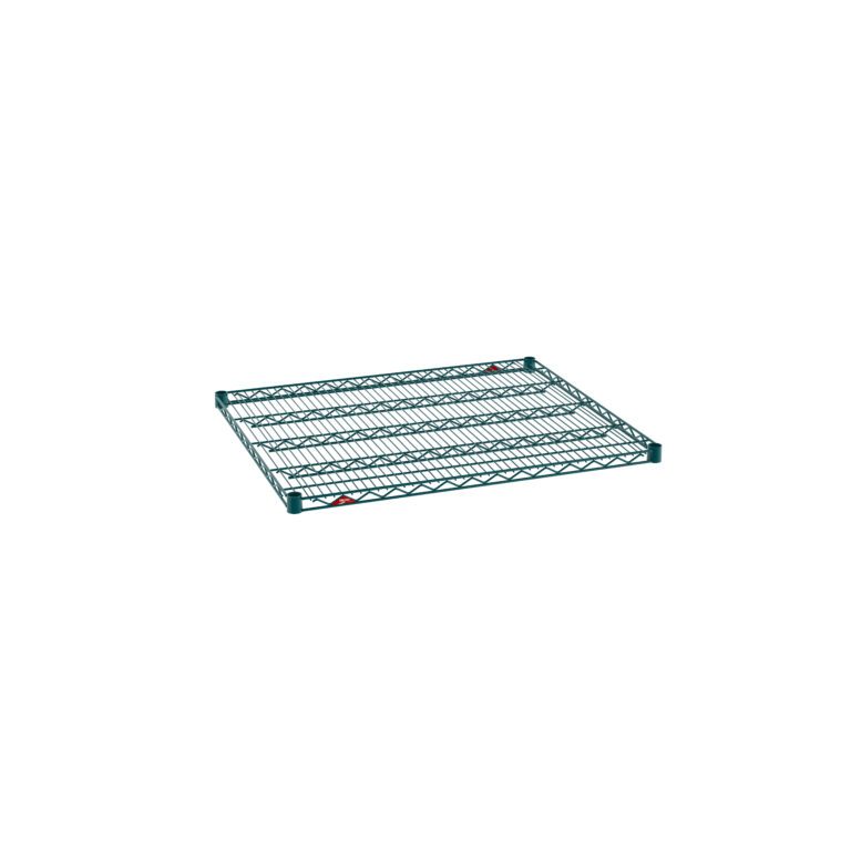 The Metro Super Erecta 3036NK3 Industrial Wire Shelf, measuring 30 x 36 and coated with Metroseal Green Epoxy, is a metal shelving unit ideal for storage or organization, elegantly contrasting with a plain white background.