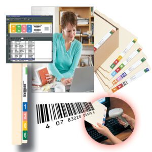 A woman works at a desk equipped with a laptop and folder, while Smead WaterGuard Label 8, 7-Up Sheet (02483) folders offer color-coded organization. She scans a folders barcode into a spreadsheet on her screen and references the 7-Up Sheet from its numbered file tab.