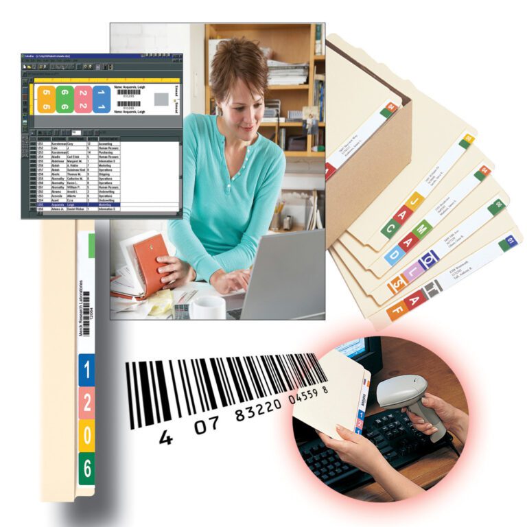 A woman works at a desk equipped with a laptop and folder, while Smead WaterGuard Label 8, 7-Up Sheet (02483) folders offer color-coded organization. She scans a folders barcode into a spreadsheet on her screen and references the 7-Up Sheet from its numbered file tab.