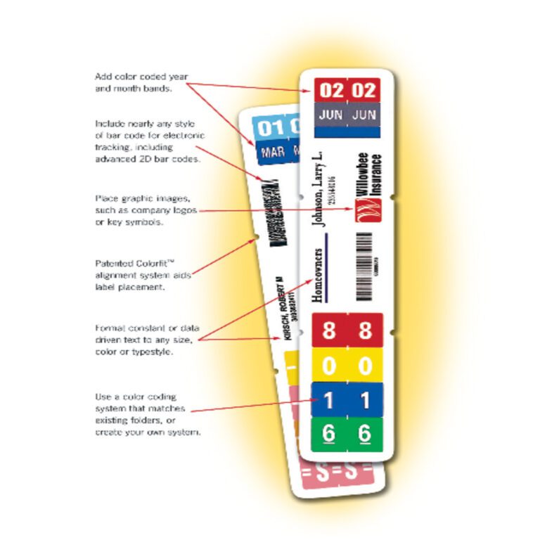 02490_C1.jpg The Smead WaterGuard Label 8, 6-Up Sheet (02490) features multi-colored tabs with color-coded year/month bands, 2D barcodes, icons, patented alignment, and customizable text or symbols—ideal for coordinating with existing folders or creating a new organization system.