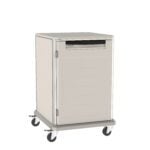 A beige, rectangular, wheeled medical cart with a vertical handle and four swivel casters. The cart has a smooth surface with horizontal lines and is designed for easy mobility in healthcare settings.