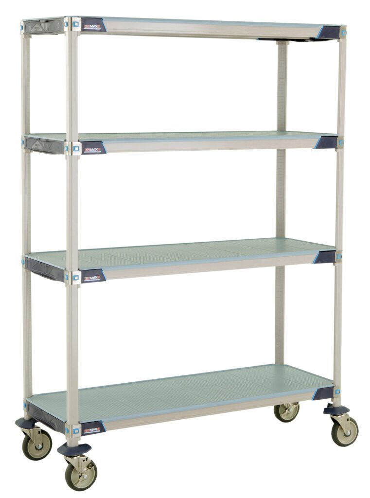 0put35zo1um1mhvhpdmit1ds25s1e8lz.jpg The MetroMax i X356EFX3 Mobile Cart features four adjustable solid shelves on wheels within a sturdy industrial plastic frame with blue accents. Measuring 18 x 48 x 67.3125, its designed for versatile storage and easy mobility in various settings.