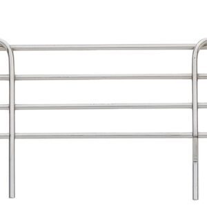 The Metro L18N-4C Super Erecta chrome wall-mounted coat rack, 4 high and 18 wide, showcases a minimalist style and smooth edges. It features two upper and two lower hooks, blending utility with elegance.