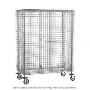 The Metro SEC56DCQ qwikSLOT Mobile Security Shelving Unit is a chrome metal rolling cage with a secure latch door and padlock. Measuring 27.25 x 65 x 67.9375, it features four swivel caster wheels for easy mobility. Note: Actual dimensions may vary from product shown.