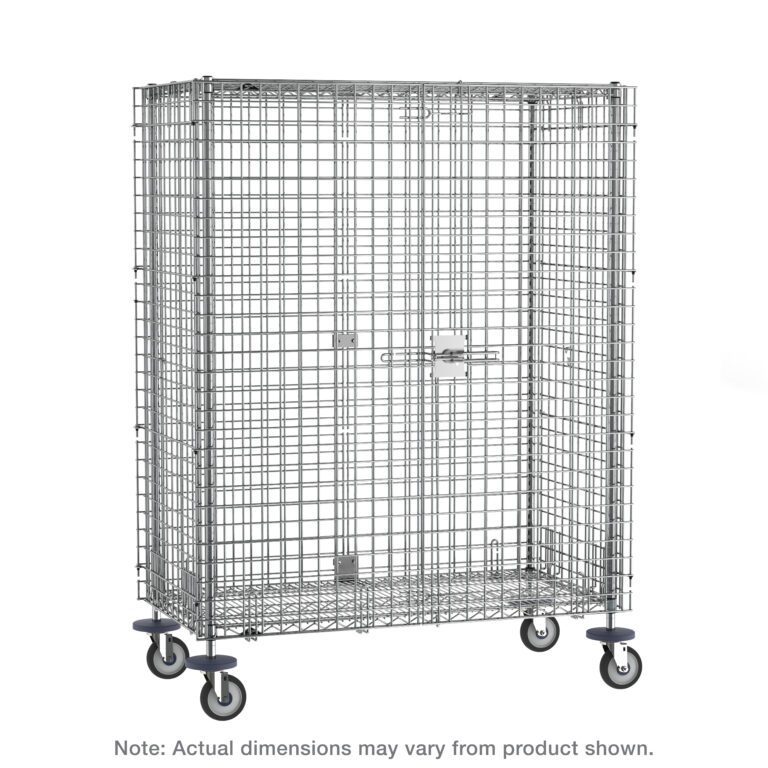 The Metro SEC56DCQ qwikSLOT Mobile Security Shelving Unit is a chrome metal rolling cage with a secure latch door and padlock. Measuring 27.25 x 65 x 67.9375, it features four swivel caster wheels for easy mobility. Note: Actual dimensions may vary from product shown.