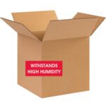 The MH-USA 10 x 10 x 10 W5c Weather-Resistant Corrugated Boxes, with red WITHSTANDS HIGH HUMIDITY labels and open flaps, ensure durability in damp conditions. Available in a bundle of 25 for your convenience.