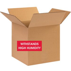 The MH-USA 10 x 10 x 10 W5c Weather-Resistant Corrugated Boxes, with red WITHSTANDS HIGH HUMIDITY labels and open flaps, ensure durability in damp conditions. Available in a bundle of 25 for your convenience.