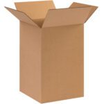 An open, upright MH-USA 10 x 10 x 16 corrugated box from a bundle of 25 features its plain brown exterior with flaps extended against a white background.