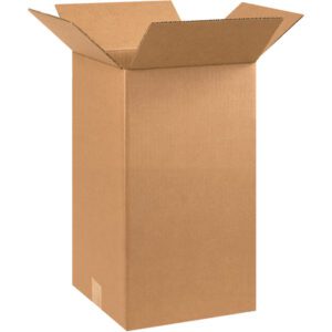 A tall, open MH-USA 10 x 10 x 18 brown corrugated box with extended flaps is shown empty, standing upright on a plain white background. It comes in bundles of 25.