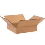 An open MH-USA 10 x 10 x 2 flat corrugated box with extended flaps against a white background, shown in brown.