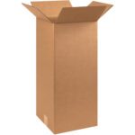 A tall, plain brown cardboard box with open flaps stands upright against a white background, resembling the MH-USA 10 x 10 x 24 Tall Corrugated Boxes (25/Bundle).