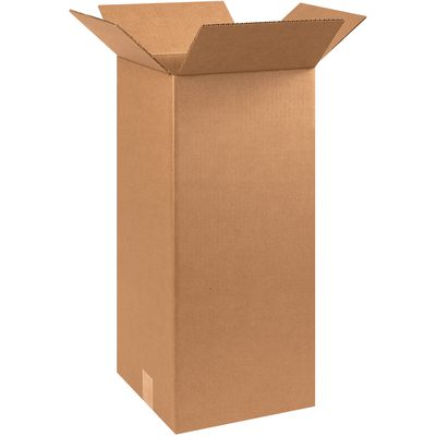 101024.jpg A tall, plain brown cardboard box with open flaps stands upright against a white background, resembling the MH-USA 10 x 10 x 24 Tall Corrugated Boxes (25/Bundle).