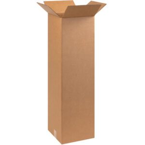 The MH-USA 10 x 10 x 30 Tall Corrugated Box is shown upright with flaps extended against a white background, ideal for storing or shipping items. Available in bundles of 25.