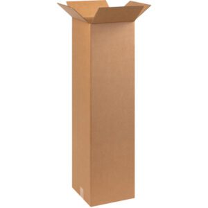 An MH-USA 10 x 10 x 38 Tall Corrugated Box stands open against a white background, revealing its brown interior. These boxes are perfect for various needs and come in bundles of 25.