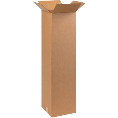 101040.jpg A tall, plain light brown MH-USA 10 x 10 x 40 corrugated box (25/Bundle) stands open and upright, commonly used for shipping or storage, with top flaps open revealing its empty interior.