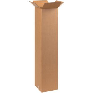 A tall MH-USA 10 x 10 x 48 corrugated box stands with flaps extended, highlighting its sturdy design against a white background. (20/Bundle).