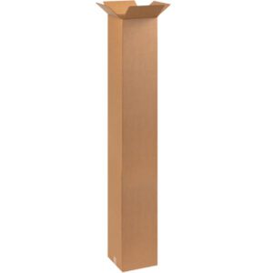 The MH-USA 10 x 10 x 60 Tall Corrugated Boxes, sold in bundles of 15, stand upright with partially open top flaps to show their sturdy brown material. Ideal for shipping long items, they are displayed against a plain white backdrop.