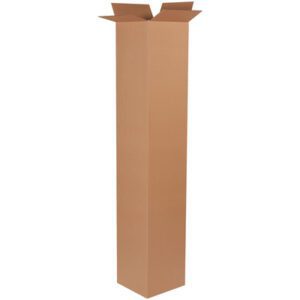 The MH-USA 10 x 10 x 72 Tall Corrugated Box stands upright, highlighting its sleek and narrow design, available in bundles of 15.
