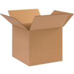 A brown MH-USA 10 x 10 x 9 corrugated box with extended flaps sits upright on a plain white background, showcasing its texture. Part of the 25/Bundle collection, this versatile box is ready for securely packing essentials.