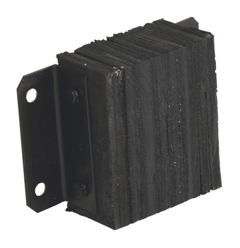 The Vestil Laminated Dock Bumper 10 X 12 X 4.5 In features a black rubber exterior, robust metal mounting bracket, and a rugged texture with stacked layers. It includes two holes for secure attachment.