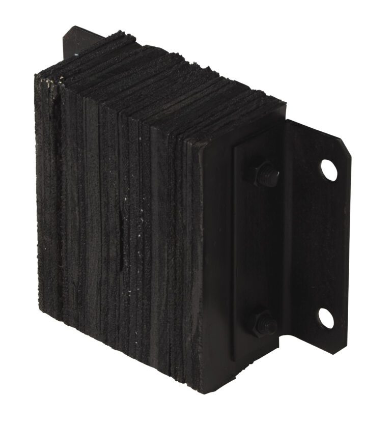 The Vestil Laminated Dock Bumper 10 x 12 x 4.5 inches is a black, grooved rubber bumper with a metal bracket, bolts, and two mounting holes, designed for effective impact absorption and protection.