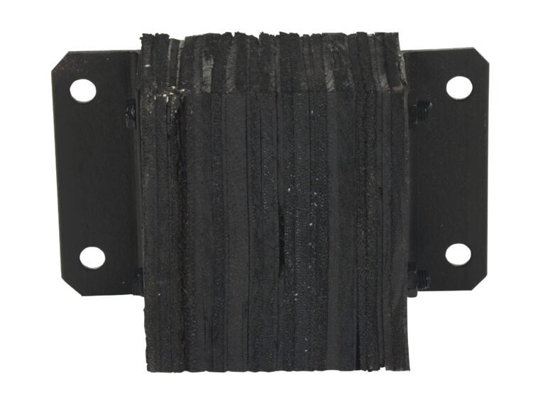The Vestil Laminated Dock Bumper 10 x 12 x 4.5 In features a black rubber bumper with layers, mounted on a metal bracket with four bolt holes. Its textured surface ensures effective shock absorption and protection.