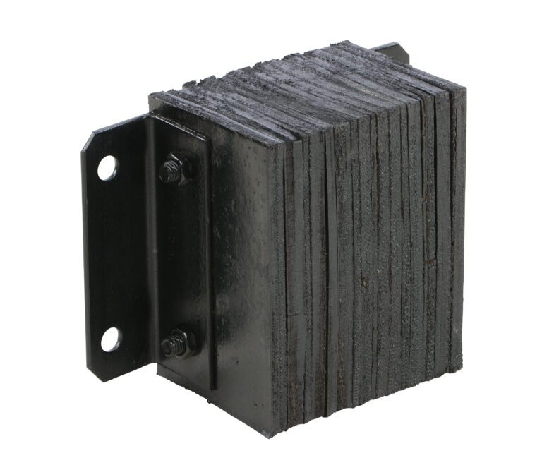 1012-6_A.jpg The Vestil Laminated Dock Bumper 10 X 12 X 6 In is black with stacked rubber layers and a strong metal bracket featuring two bolt holes for secure mounting.