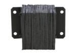 A black rubber torsional buffer, similar to the Vestil Laminated Dock Bumper 10 X 12 X 6 In, has layered construction between metal plates with four mounting holes per plate, on a neutral background.