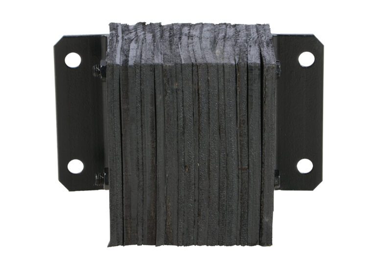 A black rubber torsional buffer, similar to the Vestil Laminated Dock Bumper 10 X 12 X 6 In, has layered construction between metal plates with four mounting holes per plate, on a neutral background.