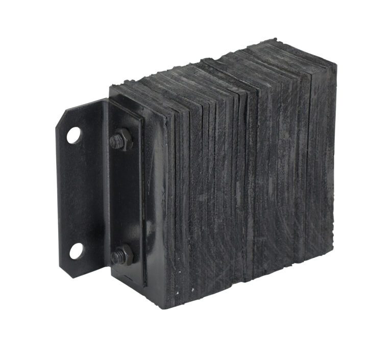 1014-4.5F_A.jpg The Vestil Laminated Dock Bumper 10 X 14 X 4.5In consists of stacked flat black rubber sheets secured by metal brackets with two mounting holes, ensuring the ridged texture is tightly fastened in place.