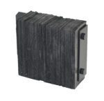 The Vestil Laminated Dock Bumper 10 X 14 X 4.5In is a black rectangular bumper made of stacked layers, featuring two visible bolts on one side that enhance its ridged look.