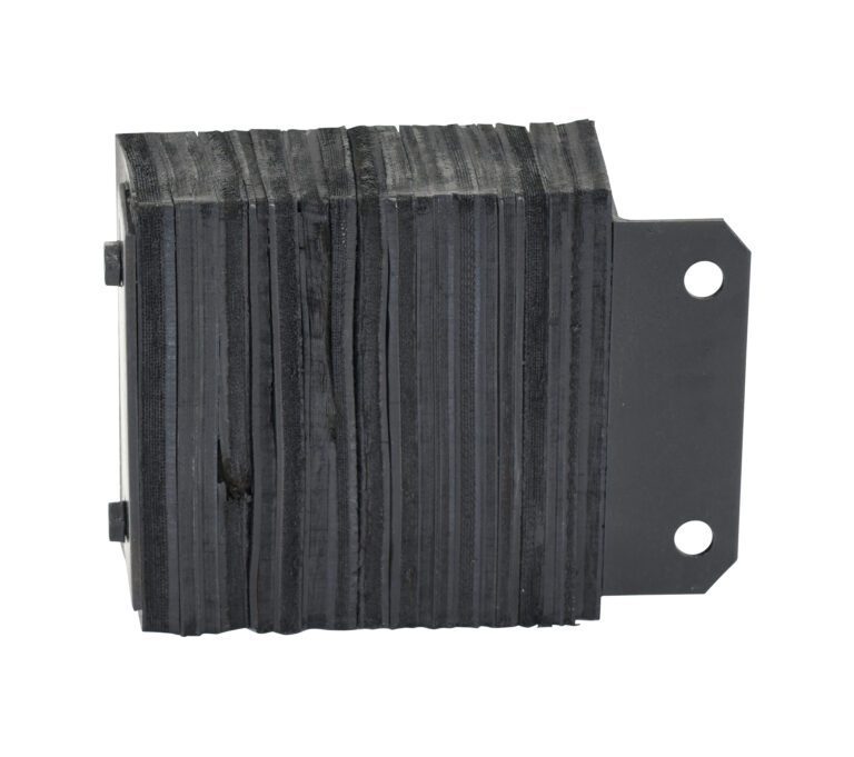 The Vestil Laminated Dock Bumper 10 x 14 x 4.5 inches is a sleek black rectangle with horizontal grooves and a metal bracket with two holes on the right.