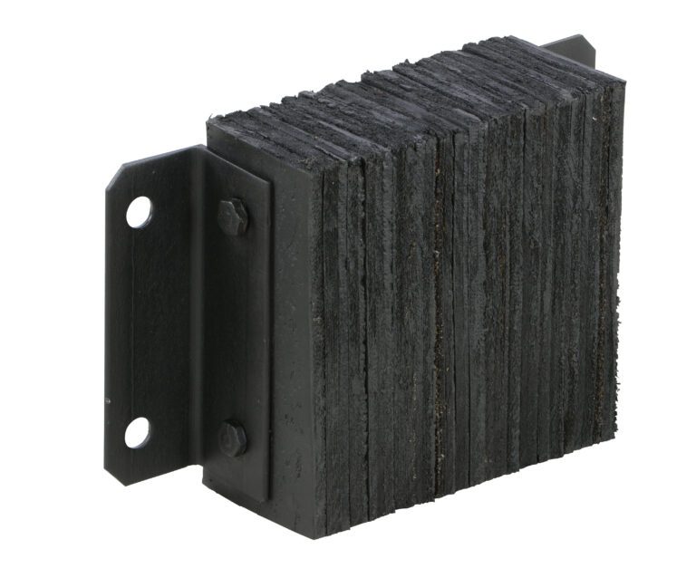 The Vestil Laminated Dock Bumper, 10 x 14 x 4.5 inches, has a rectangular black rubber design with a textured surface. It is mounted on a black metal bracket with two side bolt holes for easy attachment and features stacked layers for durability and cushioning.