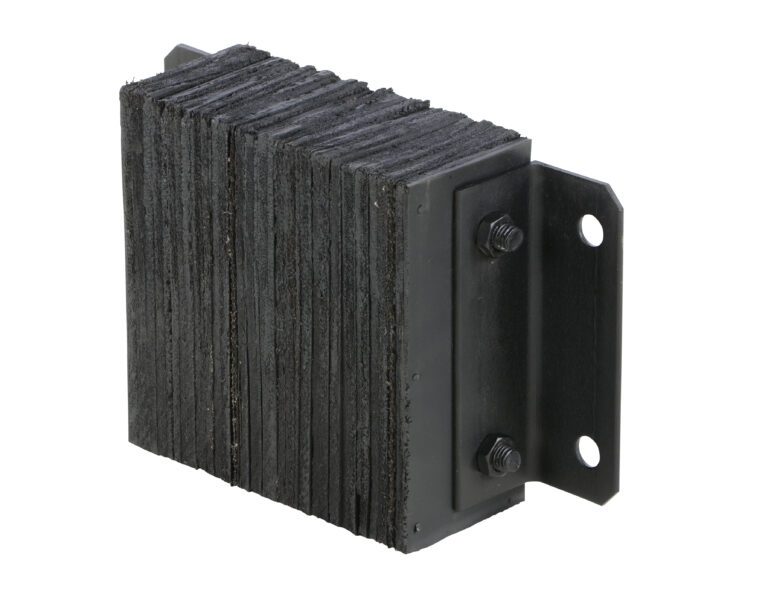 The Vestil Laminated Dock Bumper 10 x 14 x 4.5 in, made of layered black rubber between metal plates with mounting bolt holes, offers a robust design enhanced by visible bolts and a textured surface for effective impact absorption.