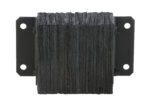 A stack of black plates, uneven and rough-edged, held by two brackets with four circular holes each, resembles the Vestil Laminated Dock Bumper 10 X 14 X 4.5 In.