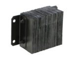 The Vestil Laminated Dock Bumper, measuring 10 X 14 X 6 inches, includes a black industrial rubber buffer with stacked plates and dual metal brackets with bolt holes for mounting, designed to absorb impact and minimize vibrations.