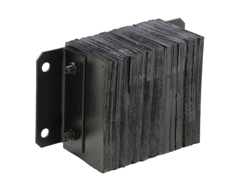 The Vestil Laminated Dock Bumper, measuring 10 X 14 X 6 inches, includes a black industrial rubber buffer with stacked plates and dual metal brackets with bolt holes for mounting, designed to absorb impact and minimize vibrations.