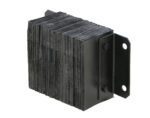 A stack of textured dark metal plates, like the Vestil Laminated Dock Bumper 10 X 14 X 6 In, forms a rectangular block secured by two bolts on a black bracket with two circular mounting holes.