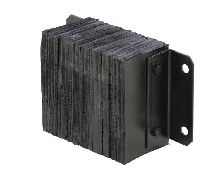 A stack of textured dark metal plates, like the Vestil Laminated Dock Bumper 10 X 14 X 6 In, forms a rectangular block secured by two bolts on a black bracket with two circular mounting holes.