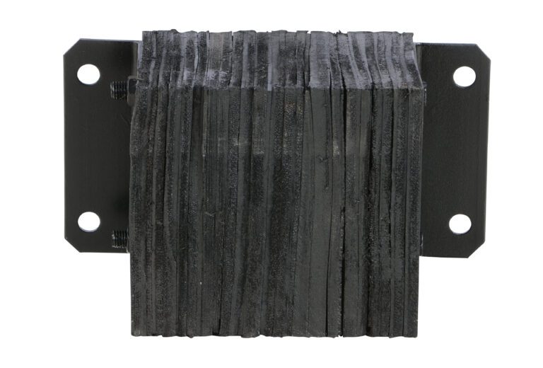 The Vestil Laminated Dock Bumper 10 x 14 x 6 inches features a durable, ribbed black texture with two mounting plates, perfect for reliable industrial use.
