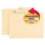 Two Smead Reversible File Folders with 1/2-cut printed right tabs are shown, one slightly in front of the other, featuring an arrow highlighting reversible tabs print on both sides in English and French. Ideal for letter-size documents. Color: Manila.