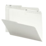 Two Smead Reversible File Folders, each with Name and No printed lines at the top, rest against a white background. One is closed, one is slightly open. These letter-size ivory 1/2-cut folders are sold in boxes of 100 (10146), ideal for organized filing.