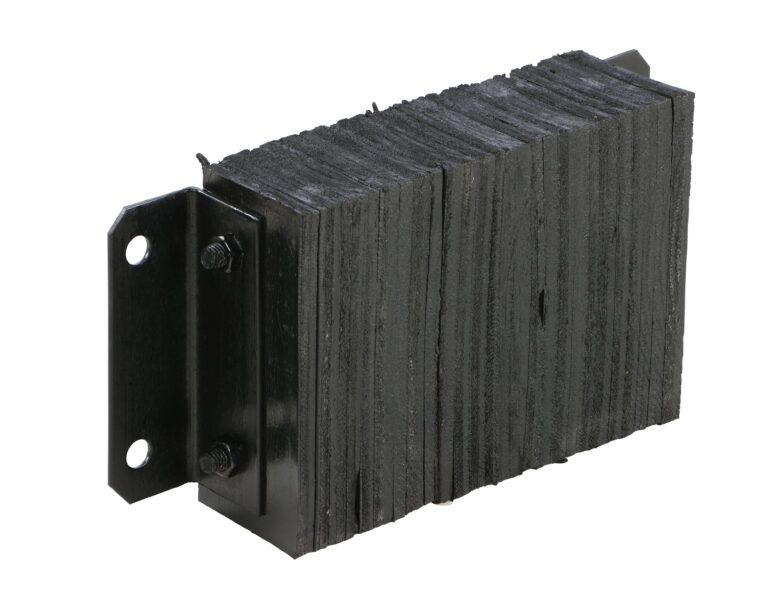 1018-4.5_A.jpg The Vestil Laminated Dock Bumper 10 x 18 x 4.5 in has a black rectangular industrial rubber block with visible layers, a metal plate on one side secured by two bolts with circular mounting holes, and a textured surface.