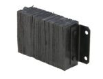 The Vestil Laminated Dock Bumper 10 X 18 X 4.5 In is a black, textured rubber bumper with parallel grooves, mounted on a metal bracket with two bolt holes for easy attachment, designed to effectively absorb impact or provide protection.
