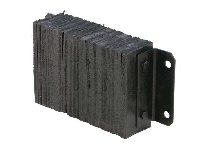 The Vestil Laminated Dock Bumper 10 X 18 X 4.5 In is a black, textured rubber bumper with parallel grooves, mounted on a metal bracket with two bolt holes for easy attachment, designed to effectively absorb impact or provide protection.