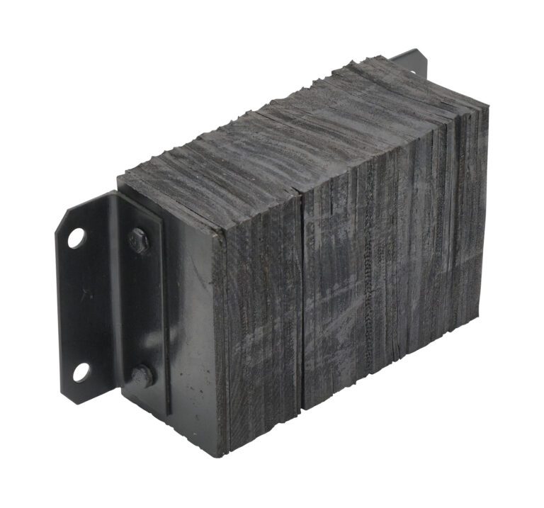 The Vestil Laminated Dock Bumper 10 X 18 X 6 In consists of dense, layered dark gray or black rubber with textured surfaces, mounted on a black metal bracket featuring two installation holes.