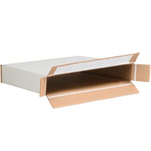 An MH-USA 10 7/8 x 2 x 12 1/4 FOL Self Seal White document mailer, featuring a brown interior and expandable sides with a tab closure flap, lies open on a white background.