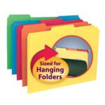 Four Smead Interior File Folders in green, red, blue, and yellow overlap. A label on the yellow folder reads Sized for Hanging Folders, with an arrow indicating a folder inside a hanging file. These letter-size folders in assorted colors are perfect for efficient document organization.